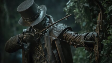 Victorian Hunter in Leather Coat Aiming Crossbow at Night