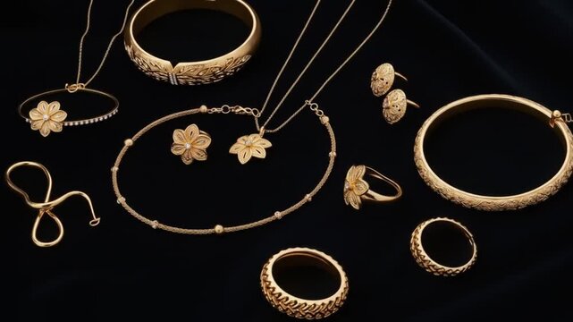 Gold jewelry including flower motif earrings necklaces rings  bangles are arranged on a black background