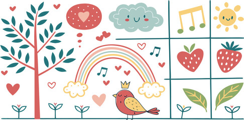 Cute and playful illustration featuring a rainbow, bird, and other charming elements