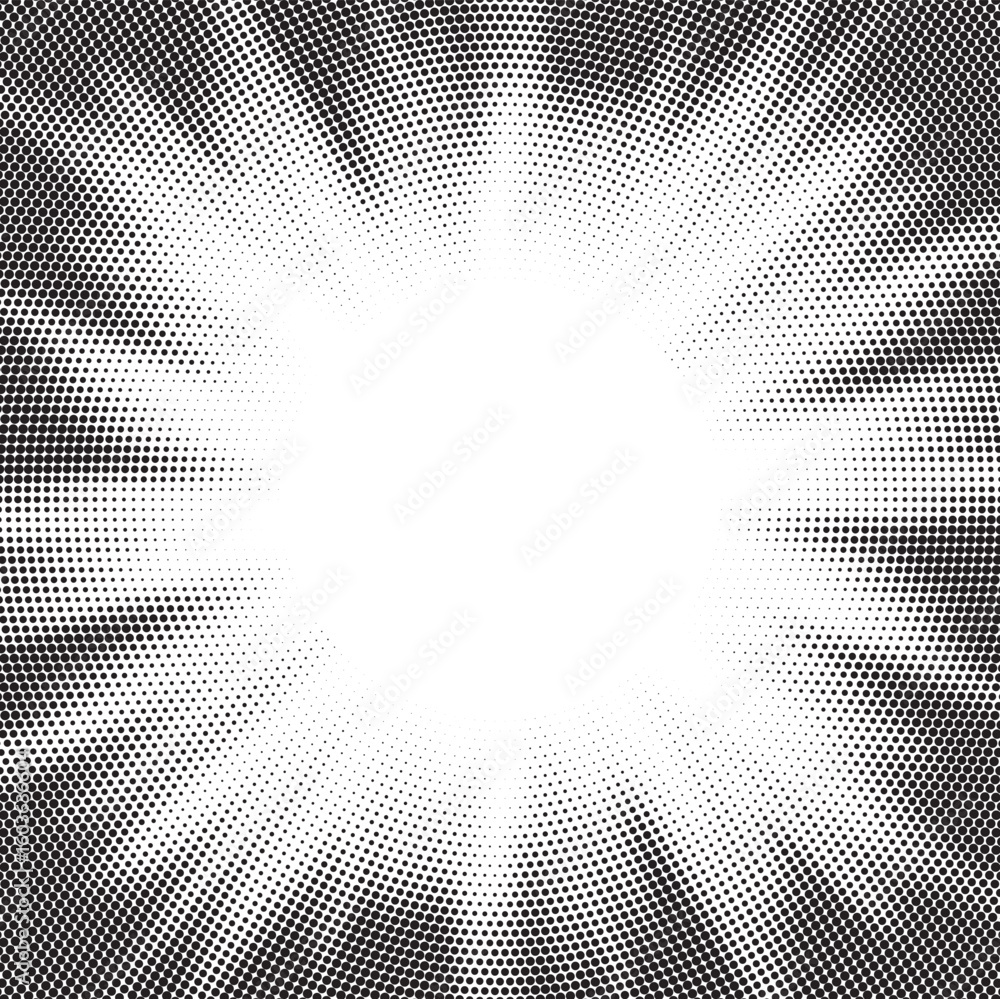 Poster sun rays radial halftone background. greyscale radial abstract comic pattern. vector explosion abstr