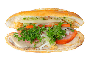 Vietnamese Banh mi. Close up of a banh mi sandwich with meat. Banh mi thit nuong or a vietnamese barbecue pork sandwich. Street food in vietnam	