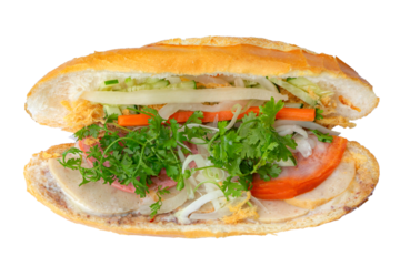 Vietnamese Banh mi. Close up of a banh mi sandwich with meat. Banh mi thit nuong or a vietnamese barbecue pork sandwich. Street food in vietnam	