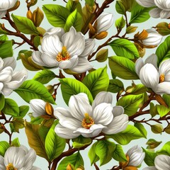 Lush white blossoms and vibrant green leaves create a dense floral pattern