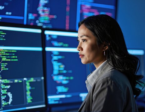 A focused woman with long brown hair, wearing glasses, intently gazes at multiple computer screens displaying colorful graphs and data.