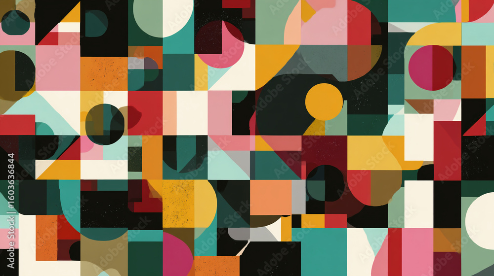 Poster a vibrant abstract composition featuring geometric shapes in a colorful and modern design style