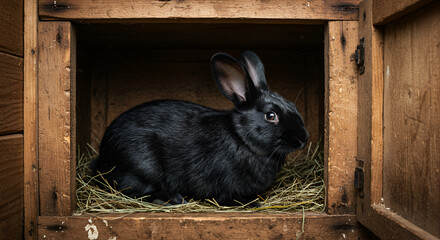 Obraz premium Black rabbit in wooden box
