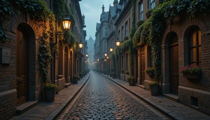 Obraz premium Cobblestone alley with gas lamps and overgrown buildings