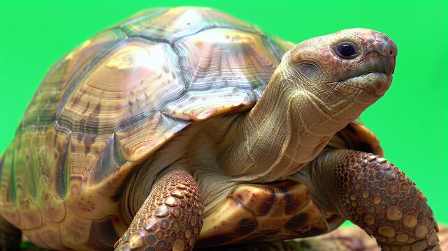 Close-up of a large tortoise with intricate shell patterns and textured skin, isolated on a vibrant green background.