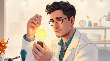 Creative Businessperson Holding Glowing Lightbulb with Laptop &ndash; Concept of Innovation, Energy Efficiency, and Financial Growth.