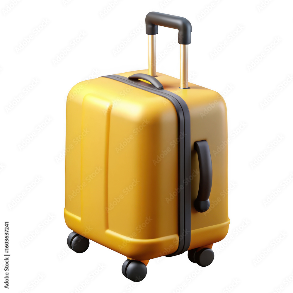 Poster 3d yellow rolling suitcase with telescopic handle isolated on transparent background
