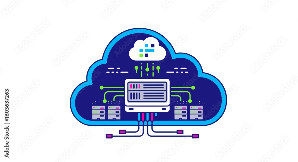 Poster a modern illustration depicts a cloud icon seamlessly connected to various server racks, symbolizing