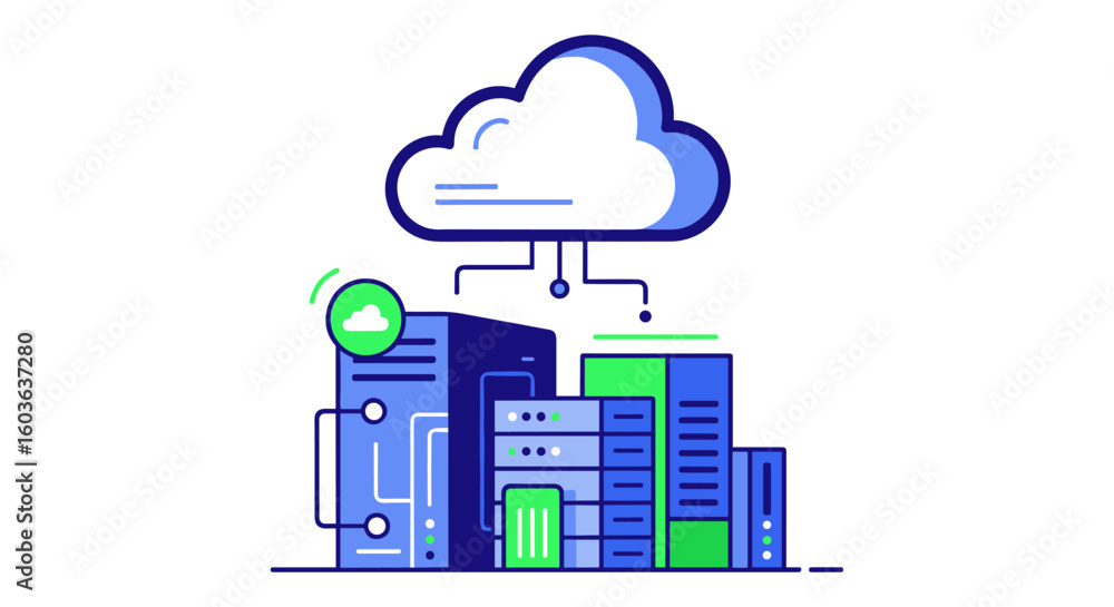 Poster cloud computing data storage concept illustration depicting interconnected servers and a cloud symbo