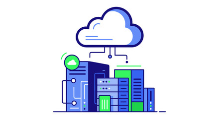 Cloud computing data storage concept illustration depicting interconnected servers and a cloud symbol, ideal for technology websites, presentations, and educational materials on data centers and