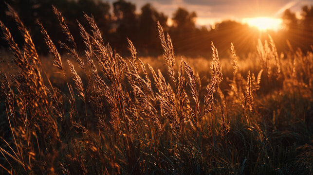 Golden hour light on a field of tall, dry grass.	A beautiful, abstract landscape of a field of tall, dry grass, with the low, golden light of a late summer sunset creating a magical, glowing effect.
