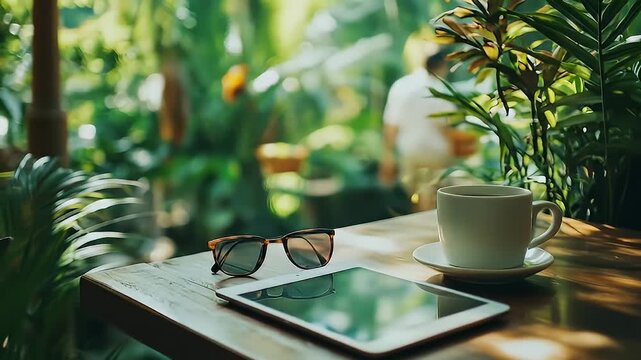 Blurred Woman Walking Near Coffee Cup Sunglasses and Tablet on a Wooden Table with Green Plants in a Relaxing Daylight Cafe Setting