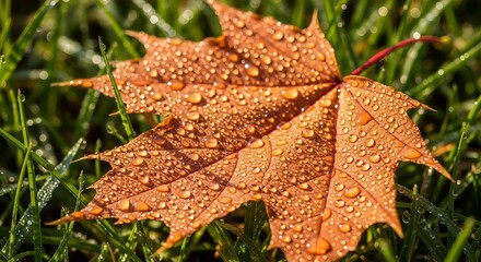Autumn maple leaf covered in morning dew drops on green grass