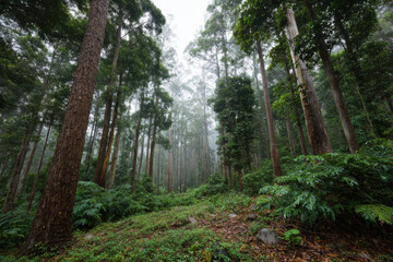 Obraz premium dense rainforest in australia rich in biodiversity thrives under overcast sky creating captivating atmosphere