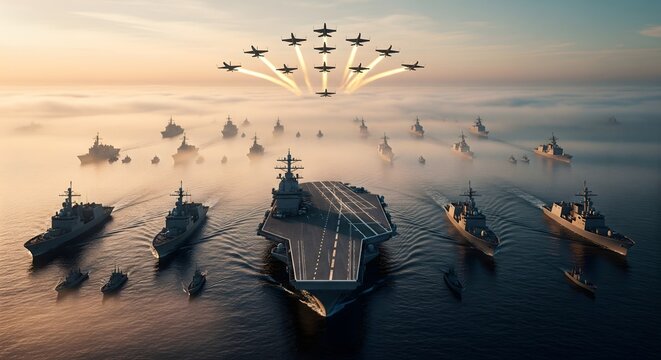 Naval Fleet Formation with Aircraft Carrier and Fighter Jets at Sunrise