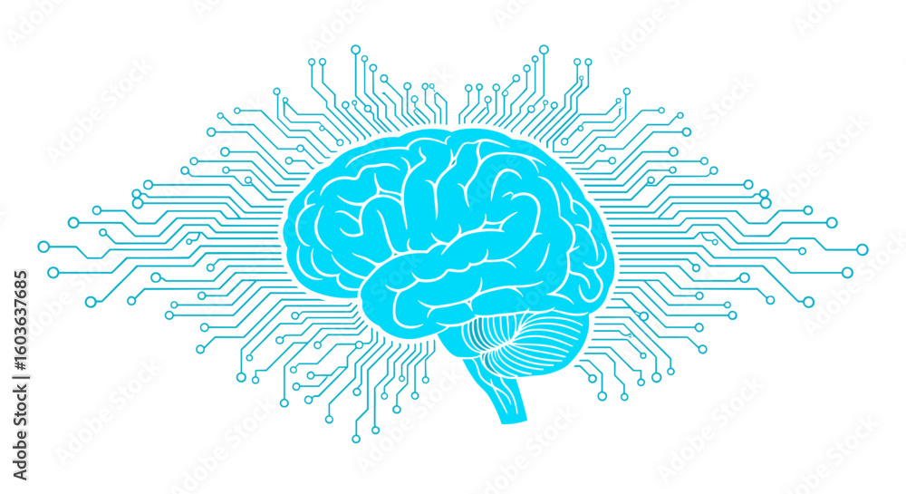Poster abstract illustration of a human brain connected to a circuit board, symbolizing artificial intellig