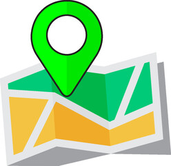 Flat vector illustration of a folded map with a red location pin marker, ideal for GPS, navigation, travel apps, and geolocation concepts.