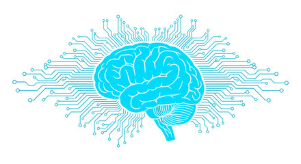 Abstract illustration of a human brain connected to a circuit board, symbolizing artificial intelligence, neural networks, and technological advancements in neurology and computing.