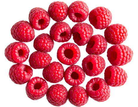 Top View of Nine Fresh Raspberries Rotating on Central Axis, Symmetrical Spiral, Isolated PNG