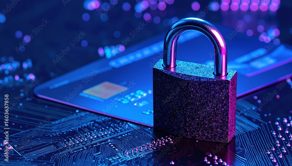 Poster a shiny padlock rests atop a complex electronic circuit board, showcasing intricate pathways and com