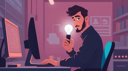 Businessman Holding Illuminated Lightbulb While Using Laptop &ndash; Innovation, Energy Saving, Inspiration, and Creative Technology Concept.