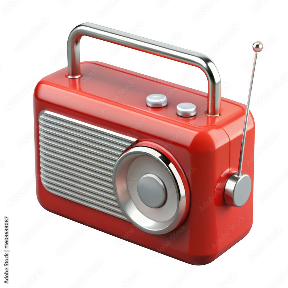 Poster 3d retro red radio with chrome handle isolated on transparent background