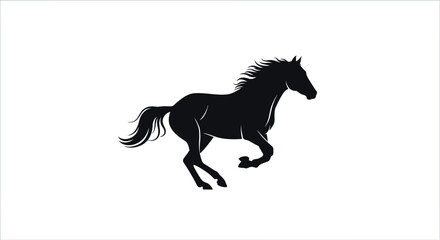 A black silhouette of a horse galloping on a white background with a flowing mane and tail