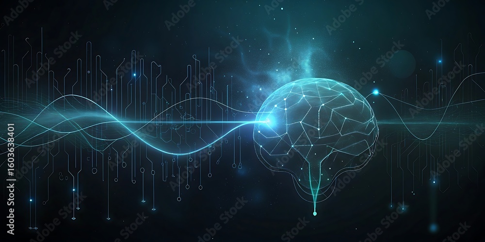 Poster digital brain outline illuminated by a blue wave against a backdrop of digital lines and cosmic dust