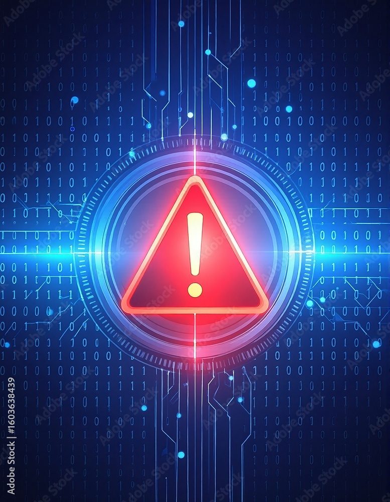 Poster a vibrant red warning symbol prominently displayed atop a complex electronic circuit, featuring intr
