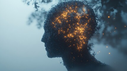 Abstract human head, glowing particles, hazy background, digital art, concept image