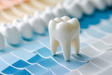 Detailed tooth model next to a shade guide clinical background no human no labelling no logo
