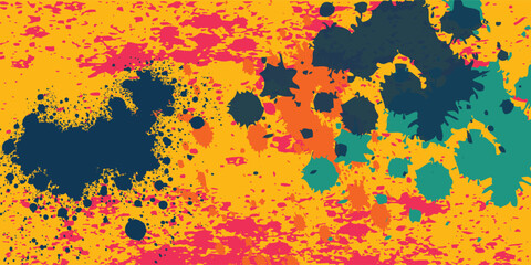 Obraz premium A vibrant and festive pattern of colorful paint splatters. The explosion of pink, orange, and blue on a yellow background evokes the joyful chaos of a color festival like Holi or a summer party.