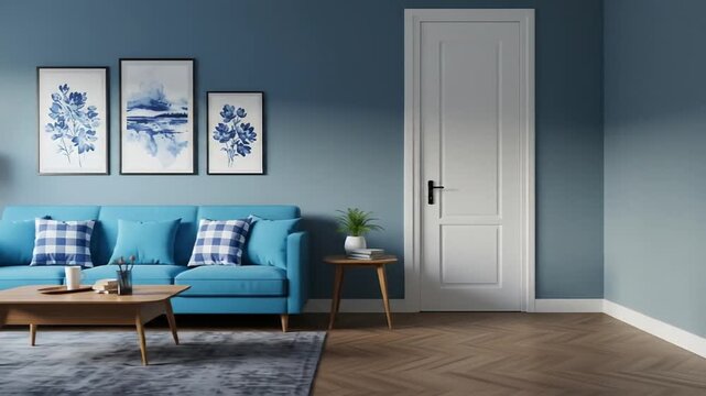 Modern living room interior concept with a stylish blue sofa, white door, and elegant home decor.