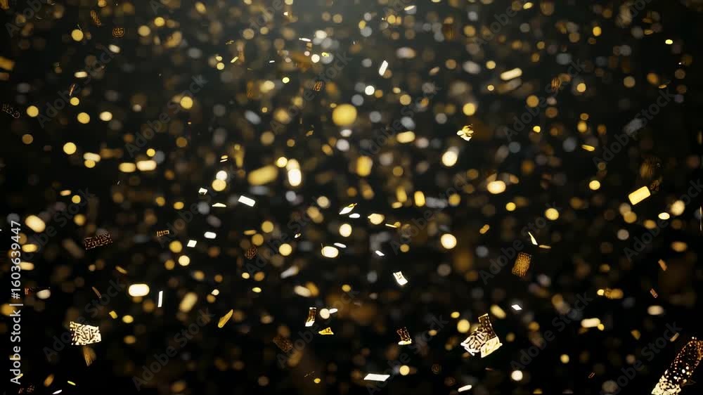 Poster gold confetti falling in a loop on a black background with glittering festive particles
