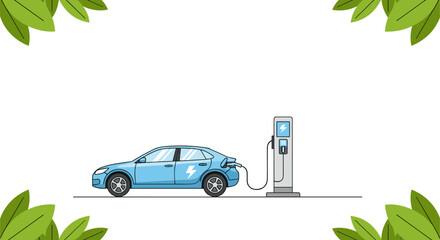 A sleek electric car charges at a charging station, surrounded by green leaves and a bright blue sky, symbolizing eco-friendly transportation and sustainable energy.