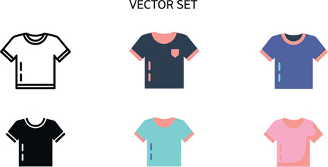Illustration of a vector set featuring six t shirts in various colors and design variations