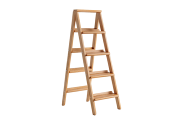 Light-colored wooden step ladder shelf.  A small, light-brown wooden ladder, with four shelves,  stands upright against a black background.  Simple, sturdy construction