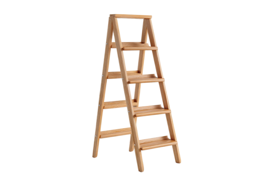 Light-colored wooden step ladder shelf.  A small, light-brown wooden ladder, with four shelves,  stands upright against a black background.  Simple, sturdy construction