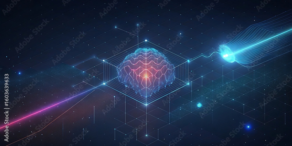 Aufkleber digital brain constructed from glowing geometric lines and particles connected by light beams in a s