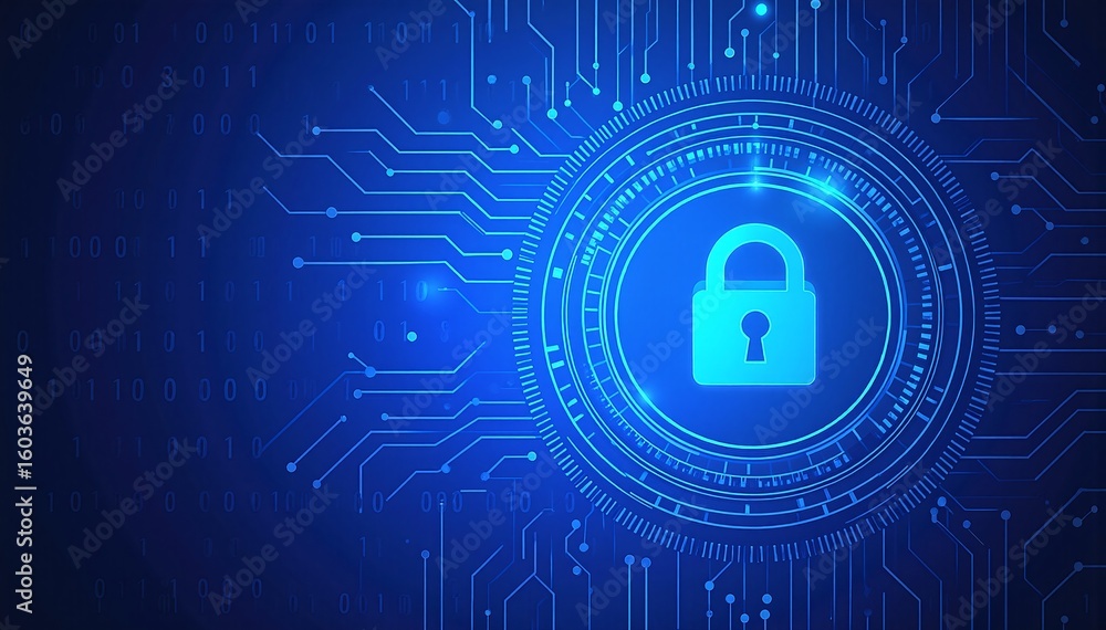 Poster a metallic padlock rests atop a complex electronic circuit board, showcasing intricate pathways and 
