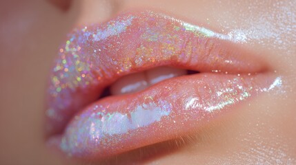 Obraz premium Close-Up of Sparkling Holographic Lip Gloss on Smooth Lips – Glittering Iridescent Effect with Soft Blue Background for Beauty Advertisement