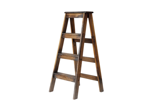 A weathered wooden stepladder against a black background.  The ladder has four steps and is in a classic A-frame configuration.  Its wood shows signs of age and use