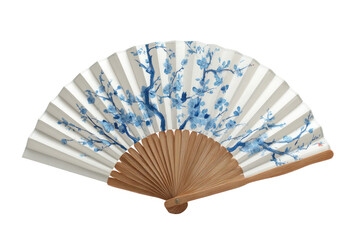 Ornate hand fan,  pale cream background,  blue floral design