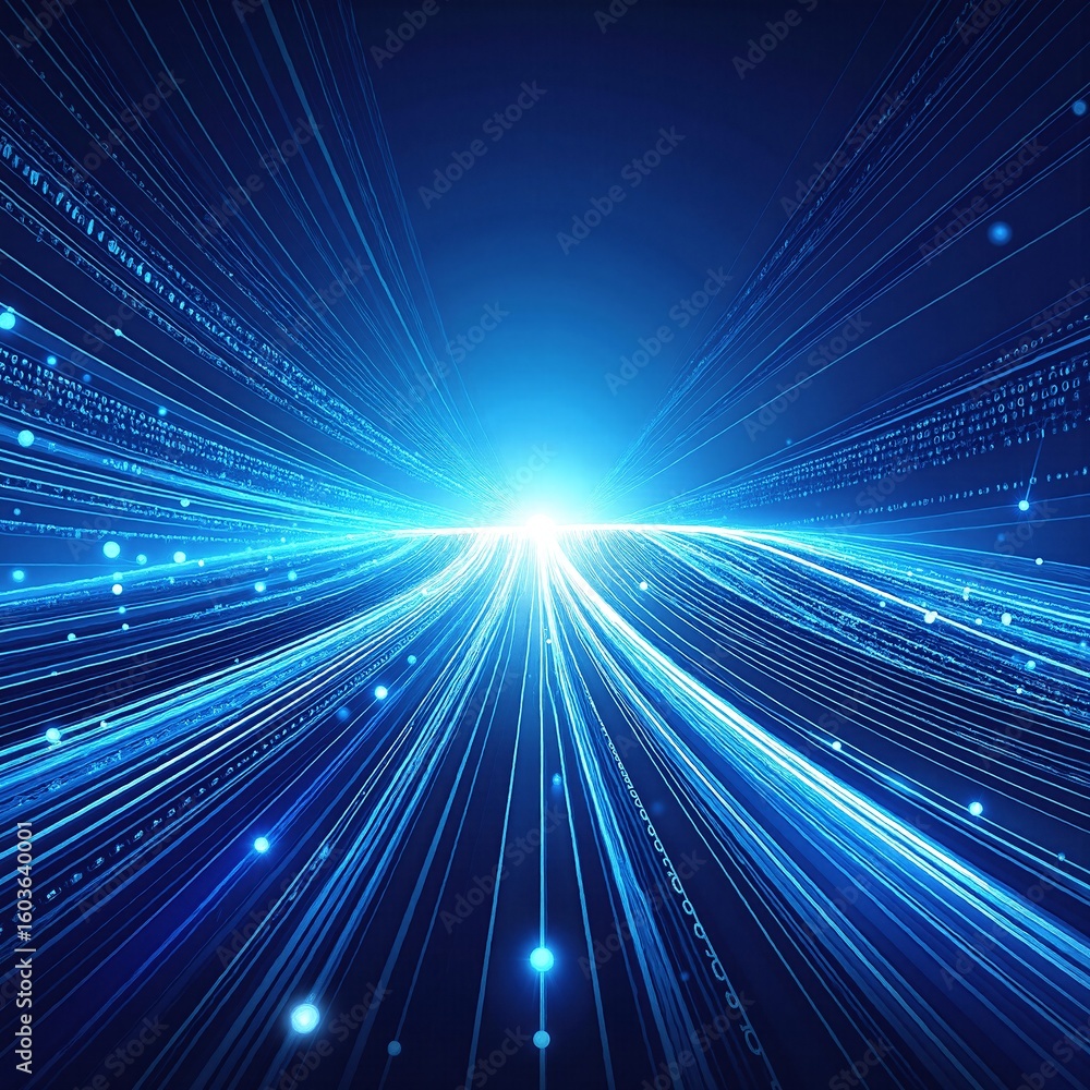 Poster a vibrant blue abstract background featuring dynamic lines and scattered dots, creating a sense of m
