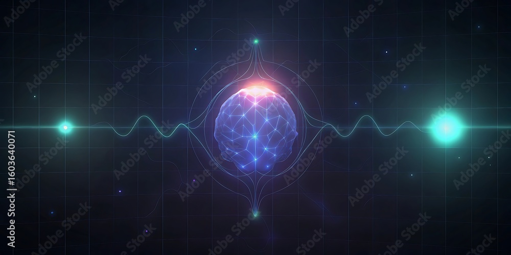 Aufkleber glowing abstract brain shape encircled by pulsating light waves and connected by beams in dark gridl
