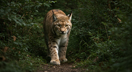 Obraz premium Lynx walking through forest undergrowth