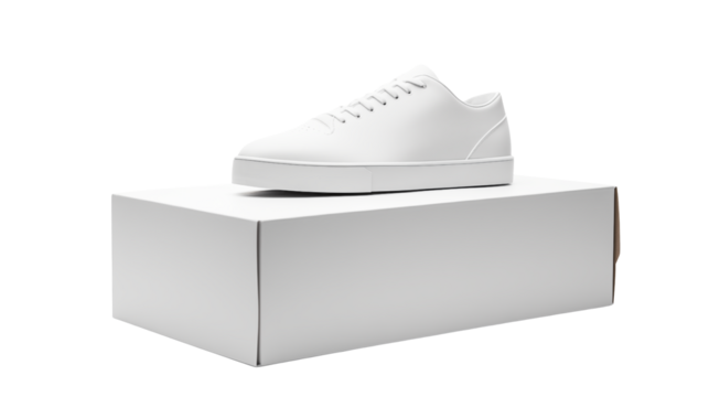 Discover minimalist white sneaker perfection presented stylishly on a clean product box, ready for your design.